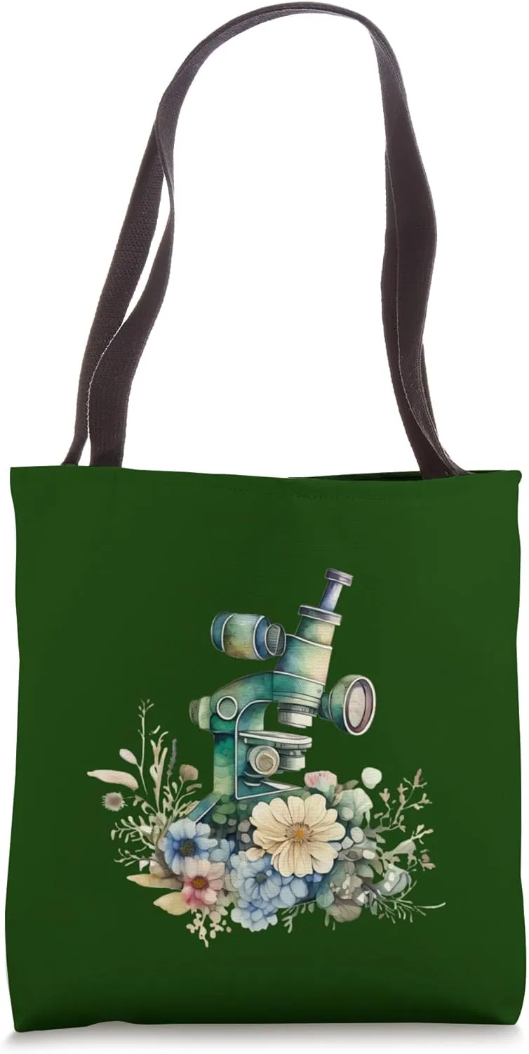 Watercolor microscope with flowers, floral lab equipment Tote Bag
