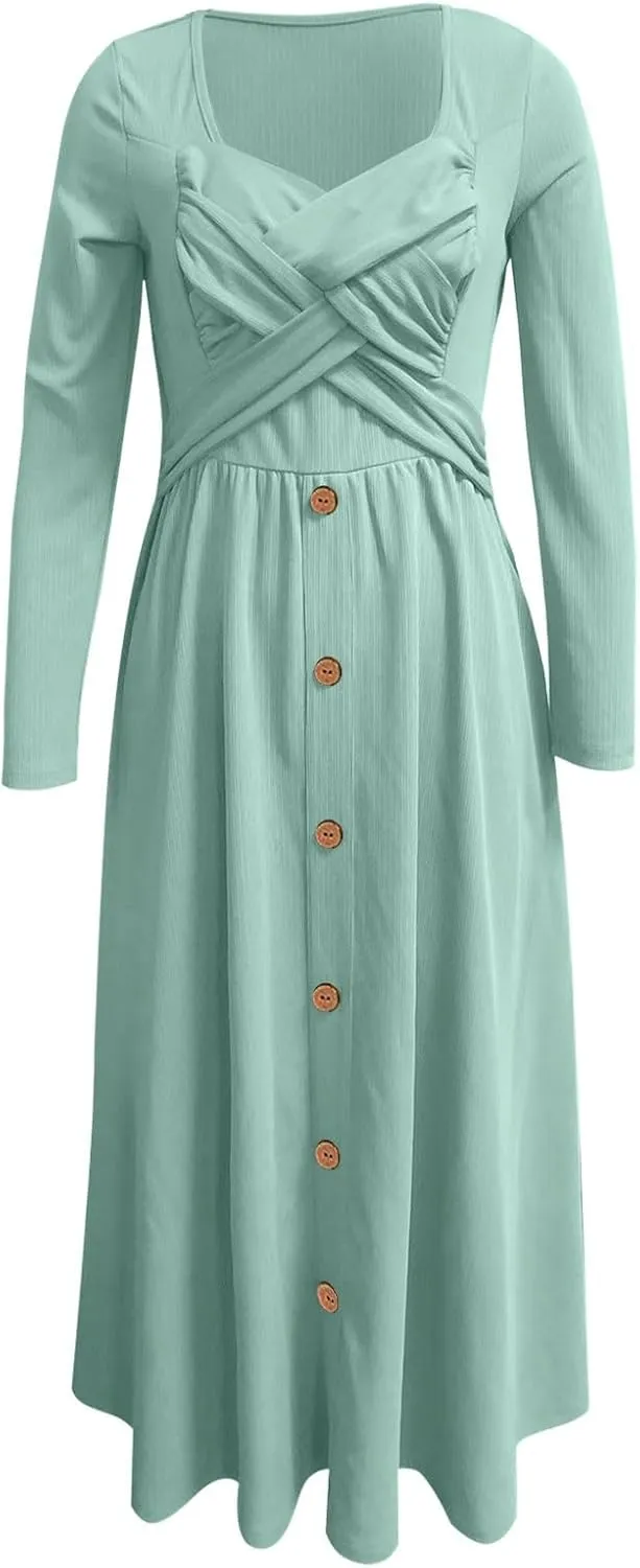 Wedding Guest Dresses for Women 2025 Wrap V Neck Ribbed Knit Maxi Dress Button Short Sleeve Slim Bodycon Midi Dress