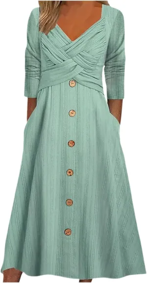 Wedding Guest Dresses for Women 2025 Wrap V Neck Ribbed Knit Maxi Dress Button Short Sleeve Slim Bodycon Midi Dress