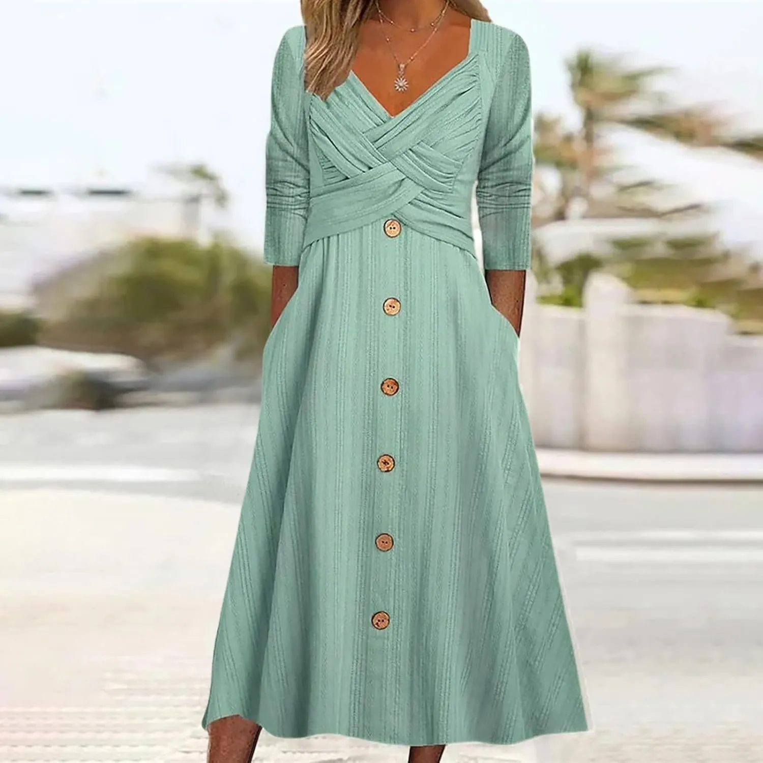 Wedding Guest Dresses for Women 2025 Wrap V Neck Ribbed Knit Maxi Dress Button Short Sleeve Slim Bodycon Midi Dress