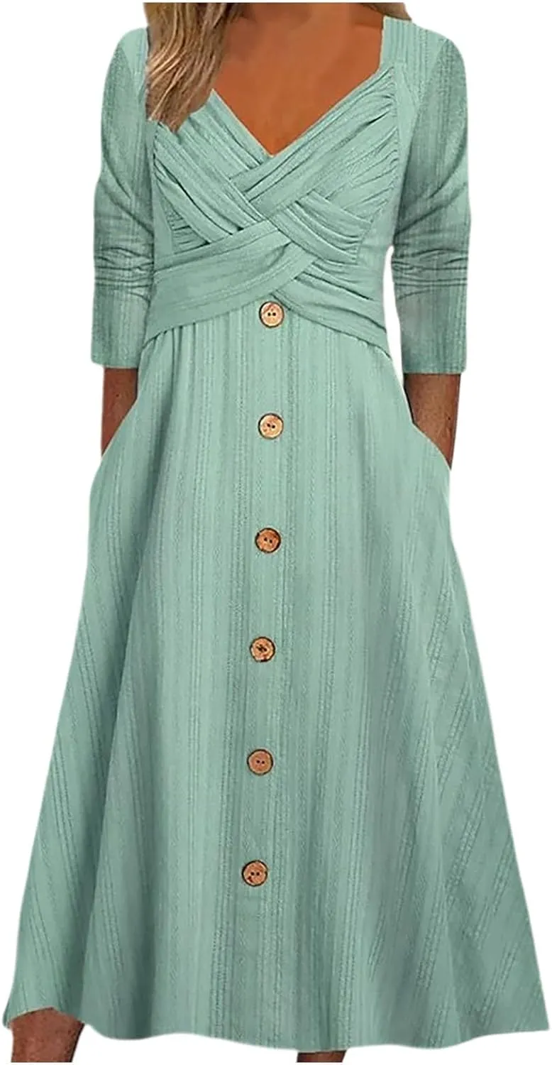 Wedding Guest Dresses for Women 2025 Wrap V Neck Ribbed Knit Maxi Dress Button Short Sleeve Slim Bodycon Midi Dress