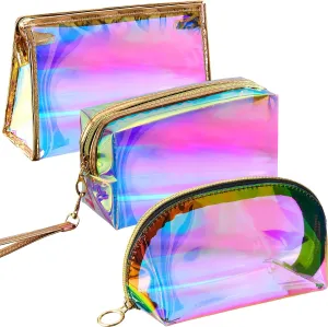 Weewooday 3 Pieces Iridescent Makeup Bag Holographic Bag Cosmetic Toiletries Bag Portable Waterproof Travel Pouch Iridescent Holographic Makeup Organizer for Women