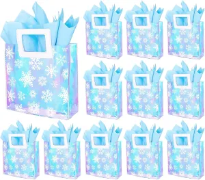 Whaline 12Pcs Winter Snowflake Holographic PVC Gift Bags Winter Wonderland Iridescent Party Favor Bags with Handle Reusable Treat Tote Bags with Tissue Paper For Valentines Wedding Birthday