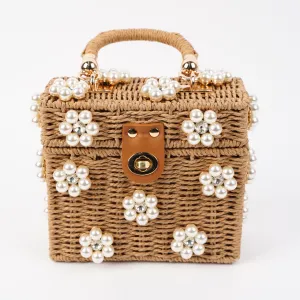 Wicker Bucket Daisy Flower Purse: Tan/Brown   White Daisy / Large