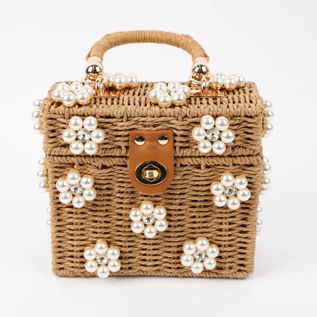 Wicker Bucket Daisy Flower Purse: Tan/Brown   White Daisy / Large