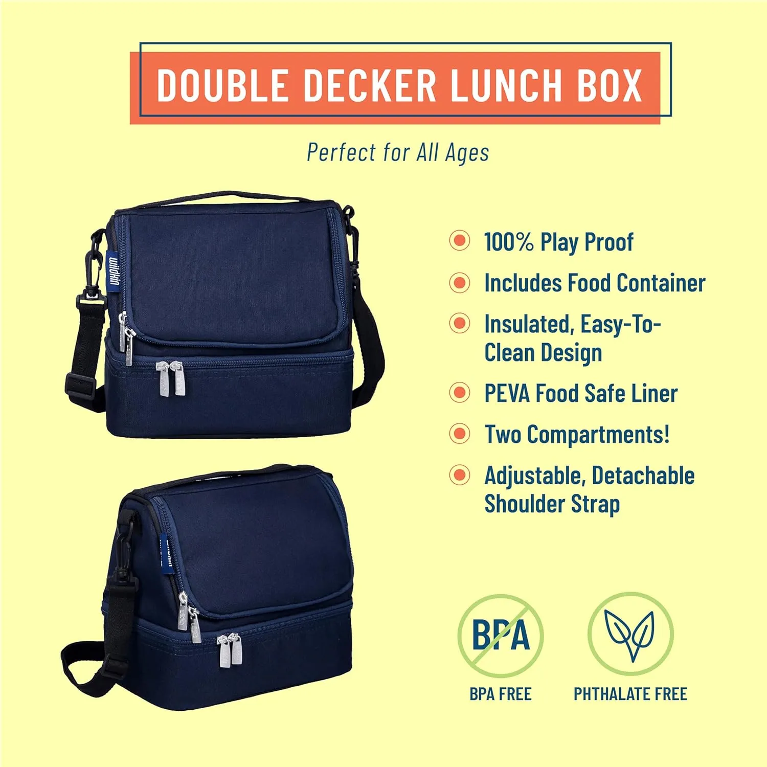 Wildkin Two Compartment Insulated Lunch Bag for Kids – School & Travel Ready - Whale Blue