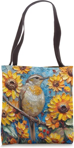 Winter Wren Bird Sunflower Cute Van Gogh Style Tote Bag