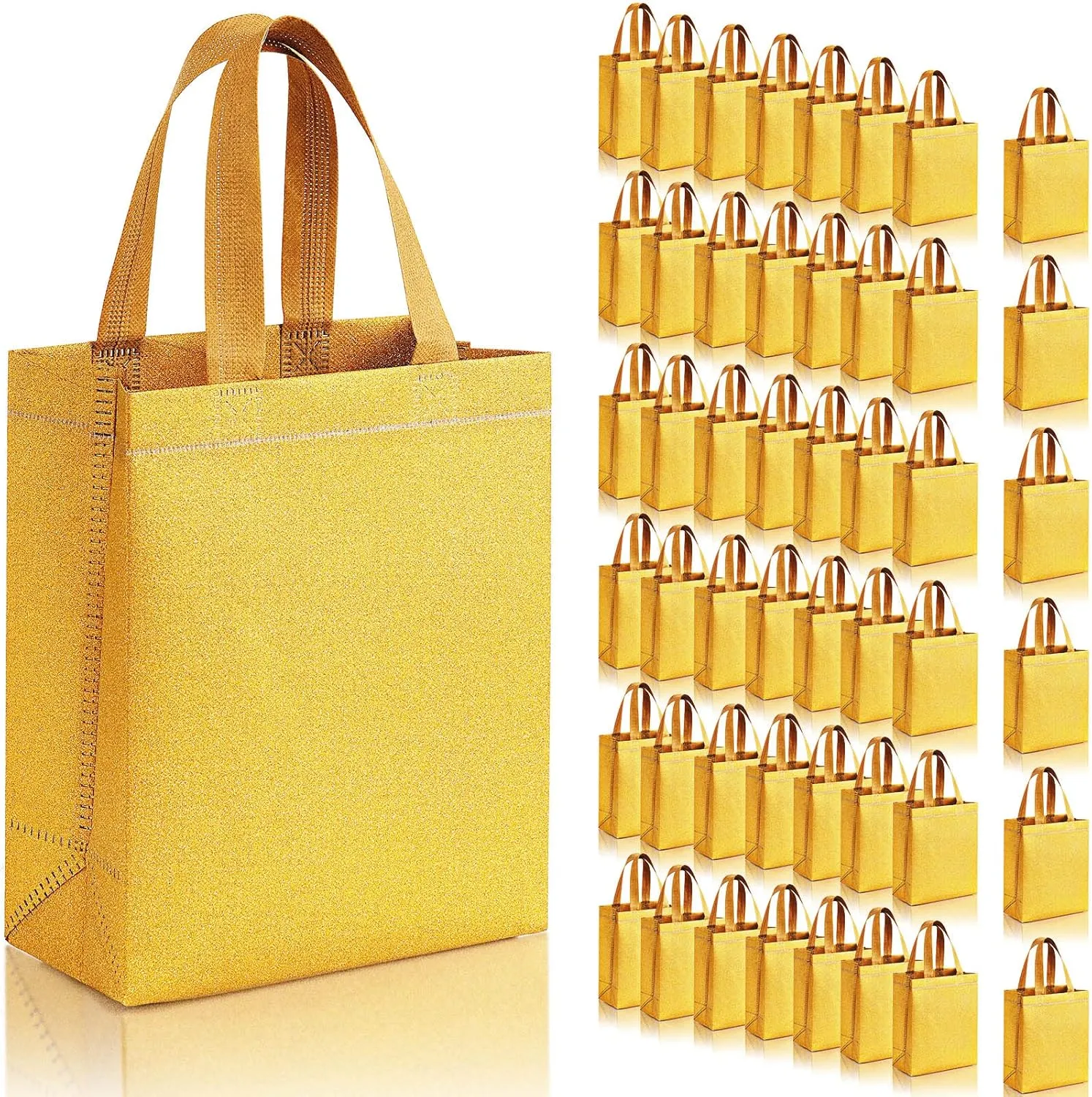 Woanger 48 Pack Wedding Gift Bags Reusable Gift Bags with Handle Glitter Tote Goodie Non Woven Bling Favor for Wedding Holiday Party(6.5 x 3.1 x 7.8 Inch,Gold)