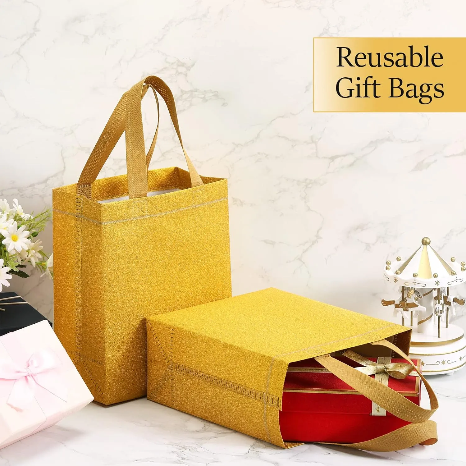 Woanger 48 Pack Wedding Gift Bags Reusable Gift Bags with Handle Glitter Tote Goodie Non Woven Bling Favor for Wedding Holiday Party(6.5 x 3.1 x 7.8 Inch,Gold)