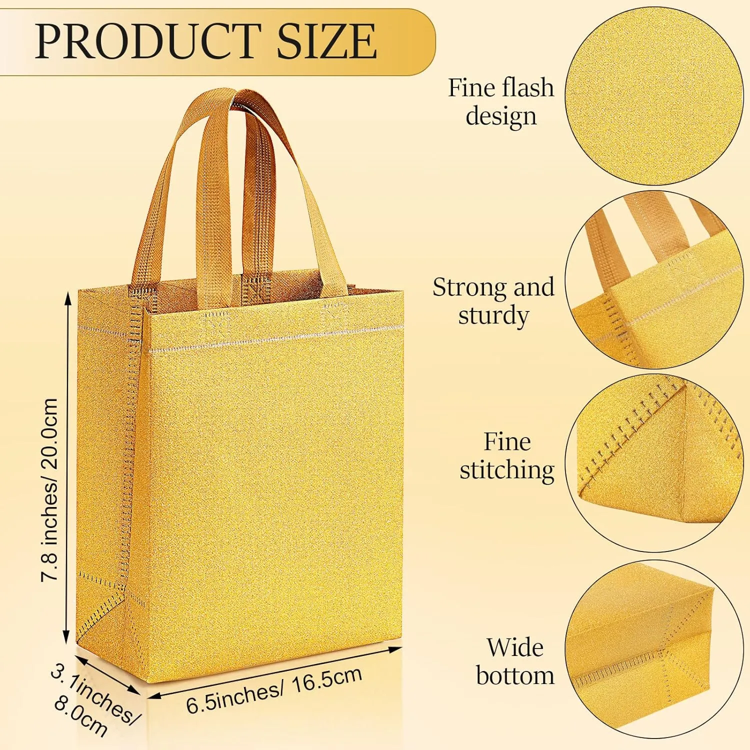 Woanger 48 Pack Wedding Gift Bags Reusable Gift Bags with Handle Glitter Tote Goodie Non Woven Bling Favor for Wedding Holiday Party(6.5 x 3.1 x 7.8 Inch,Gold)