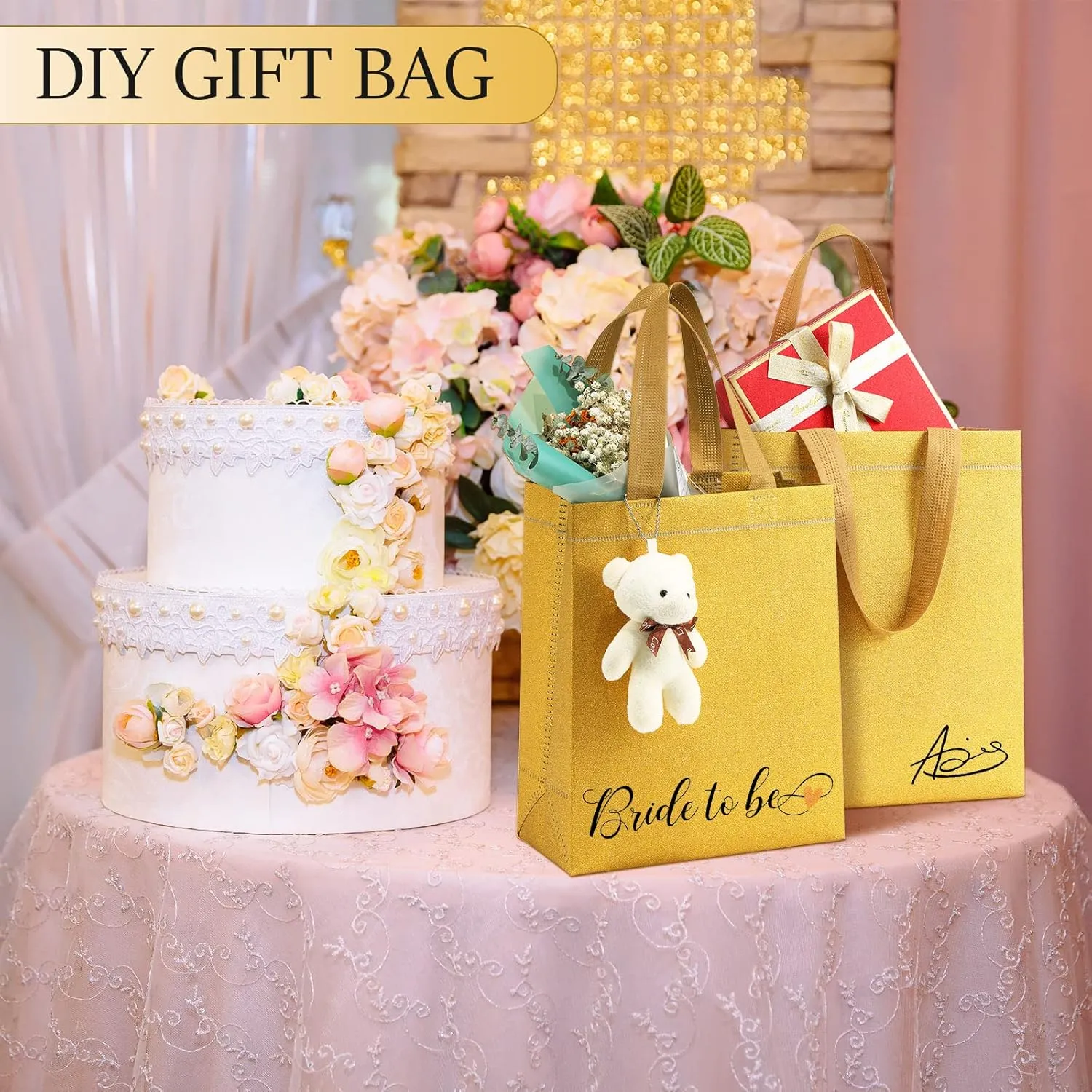 Woanger 48 Pack Wedding Gift Bags Reusable Gift Bags with Handle Glitter Tote Goodie Non Woven Bling Favor for Wedding Holiday Party(6.5 x 3.1 x 7.8 Inch,Gold)