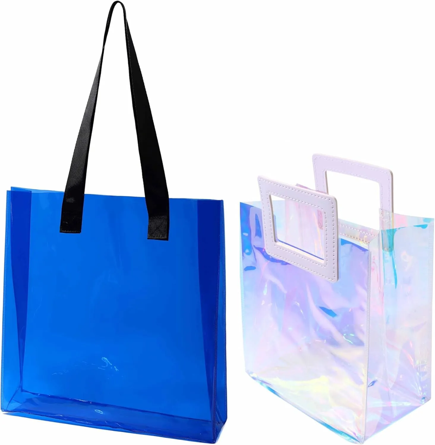 Woeoe Clear Tote Bag 2 Pack Holographic Iridescent Handbag Waterproof Sandproof Beach Bags Reusable Favor for Stadium Travel​