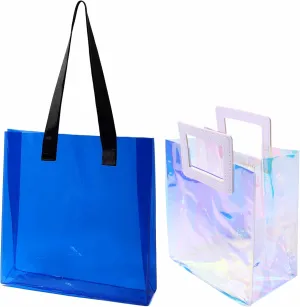 Woeoe Clear Tote Bag 2 Pack Holographic Iridescent Handbag Waterproof Sandproof Beach Bags Reusable Favor for Stadium Travel​