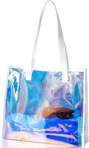 Woeoe Holographic Iridescent Clear Tote Bag for Women Waterproof Sandproof Beach Shoulder Handbags​ Bags Reusable Favor Bags for Work Stadium Travel​