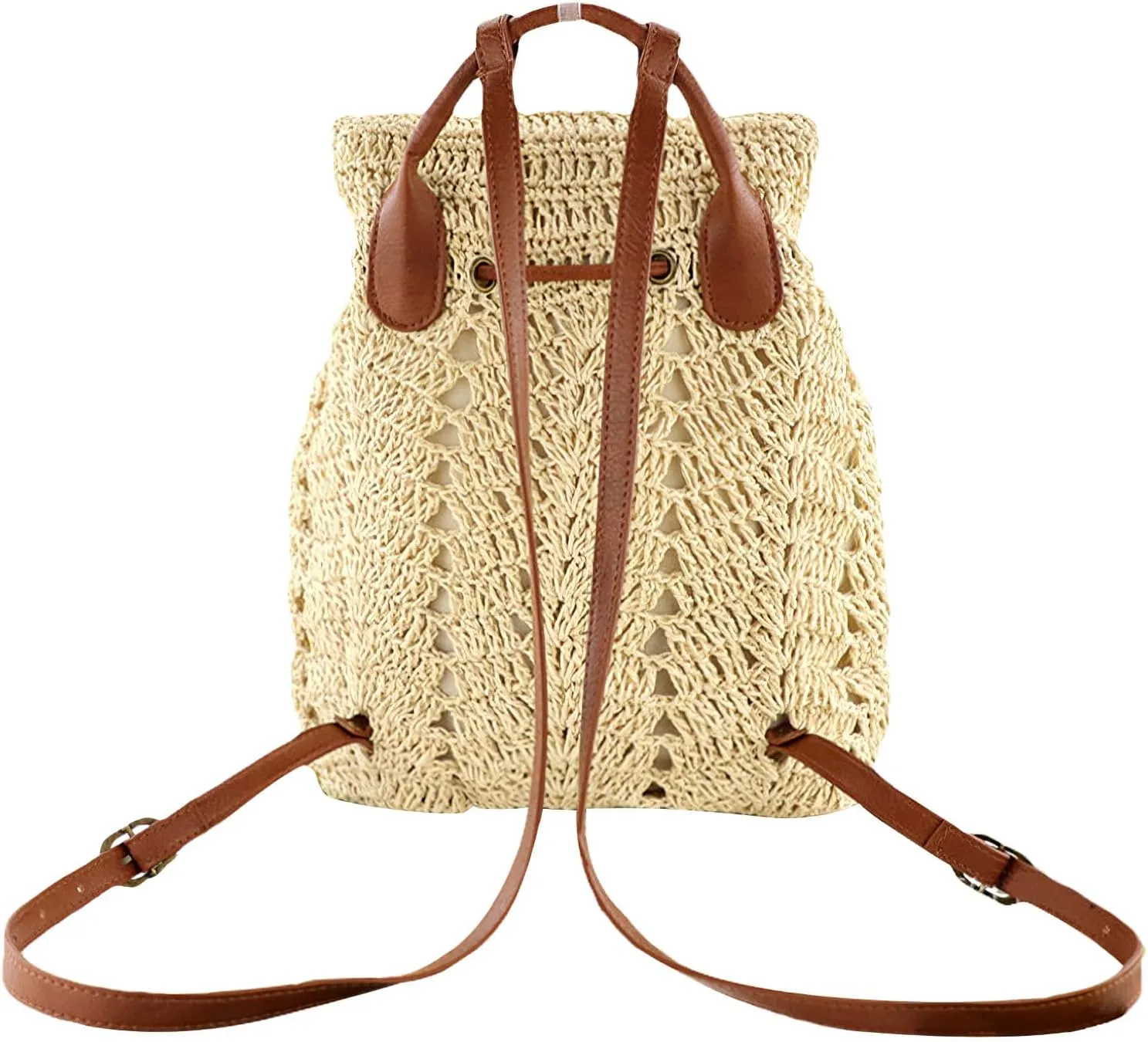 Women Beach Backpacks Purse Small Woven Straw Handmade Daypack Bohemian Style Shoulder Handbag for Casual Beach Holiday Beige
