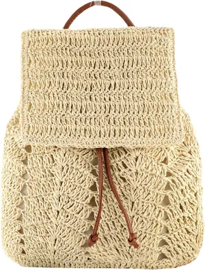 Women Beach Backpacks Purse Small Woven Straw Handmade Daypack Bohemian Style Shoulder Handbag for Casual Beach Holiday Beige