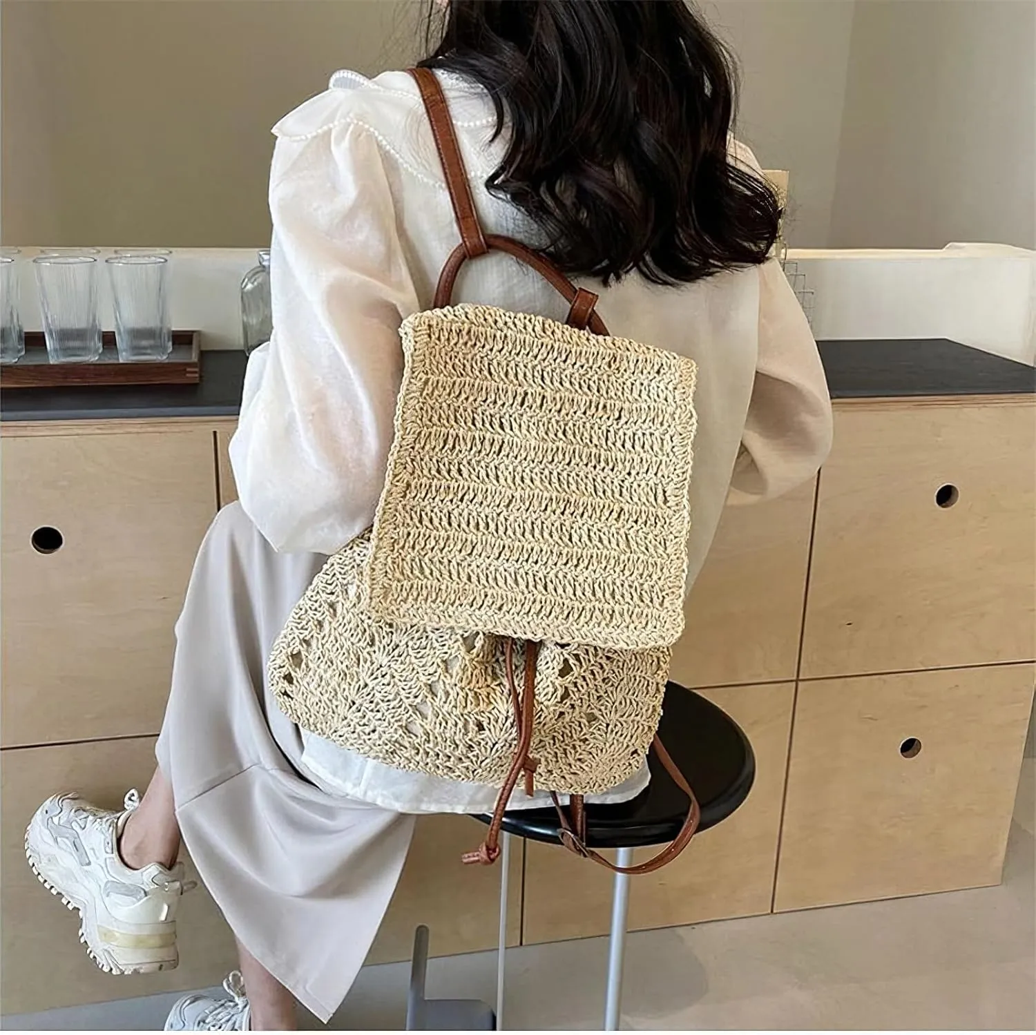 Women Beach Backpacks Purse Small Woven Straw Handmade Daypack Bohemian Style Shoulder Handbag for Casual Beach Holiday Beige