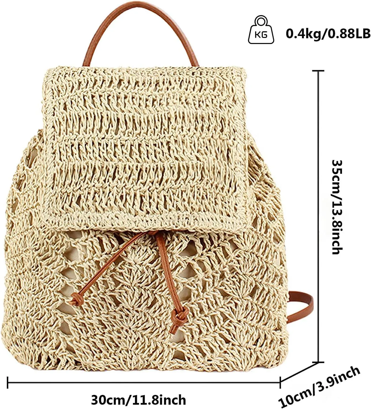 Women Beach Backpacks Purse Small Woven Straw Handmade Daypack Bohemian Style Shoulder Handbag for Casual Beach Holiday Beige