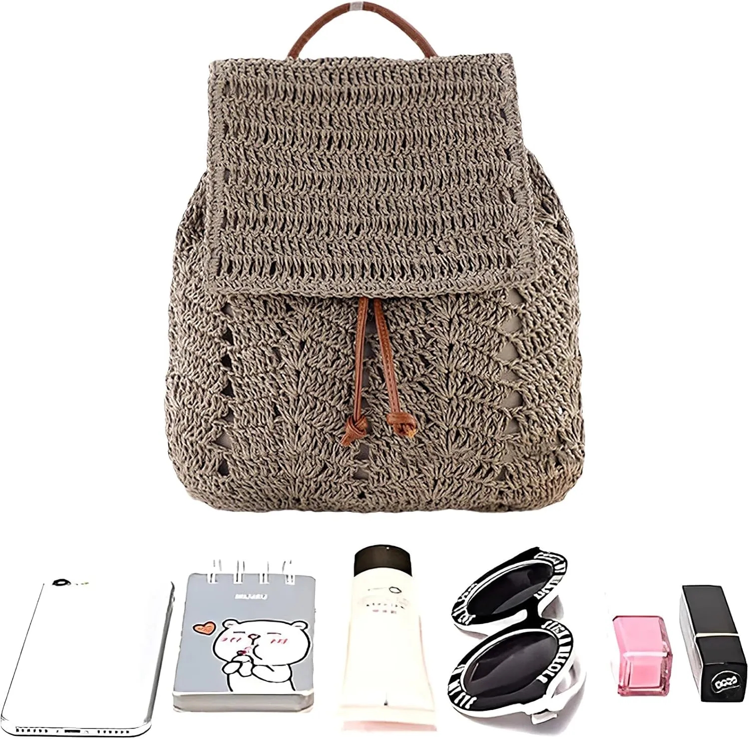 Women Beach Backpacks Purse Small Woven Straw Handmade Daypack Bohemian Style Shoulder Handbag for Casual Beach Holiday Grey