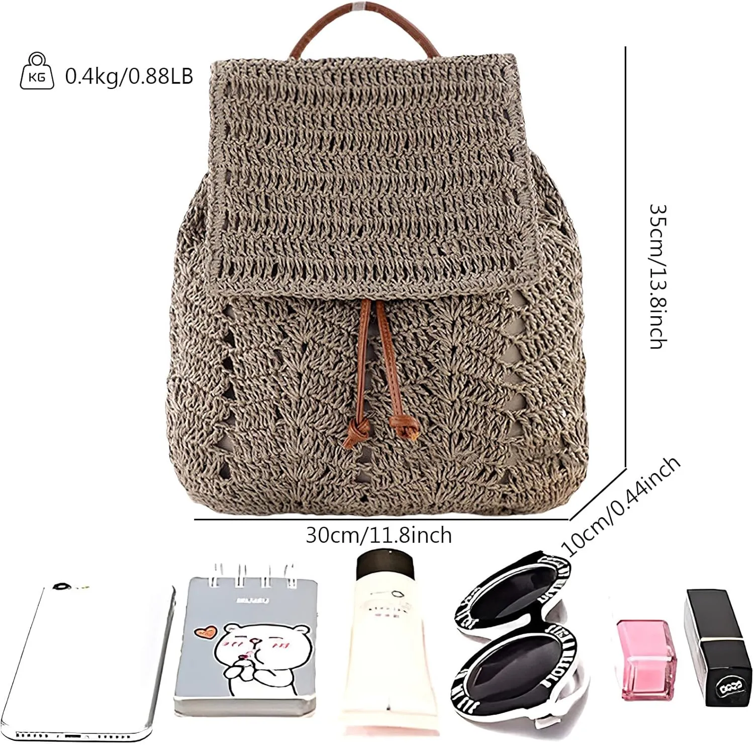 Women Beach Backpacks Purse Small Woven Straw Handmade Daypack Bohemian Style Shoulder Handbag for Casual Beach Holiday Grey