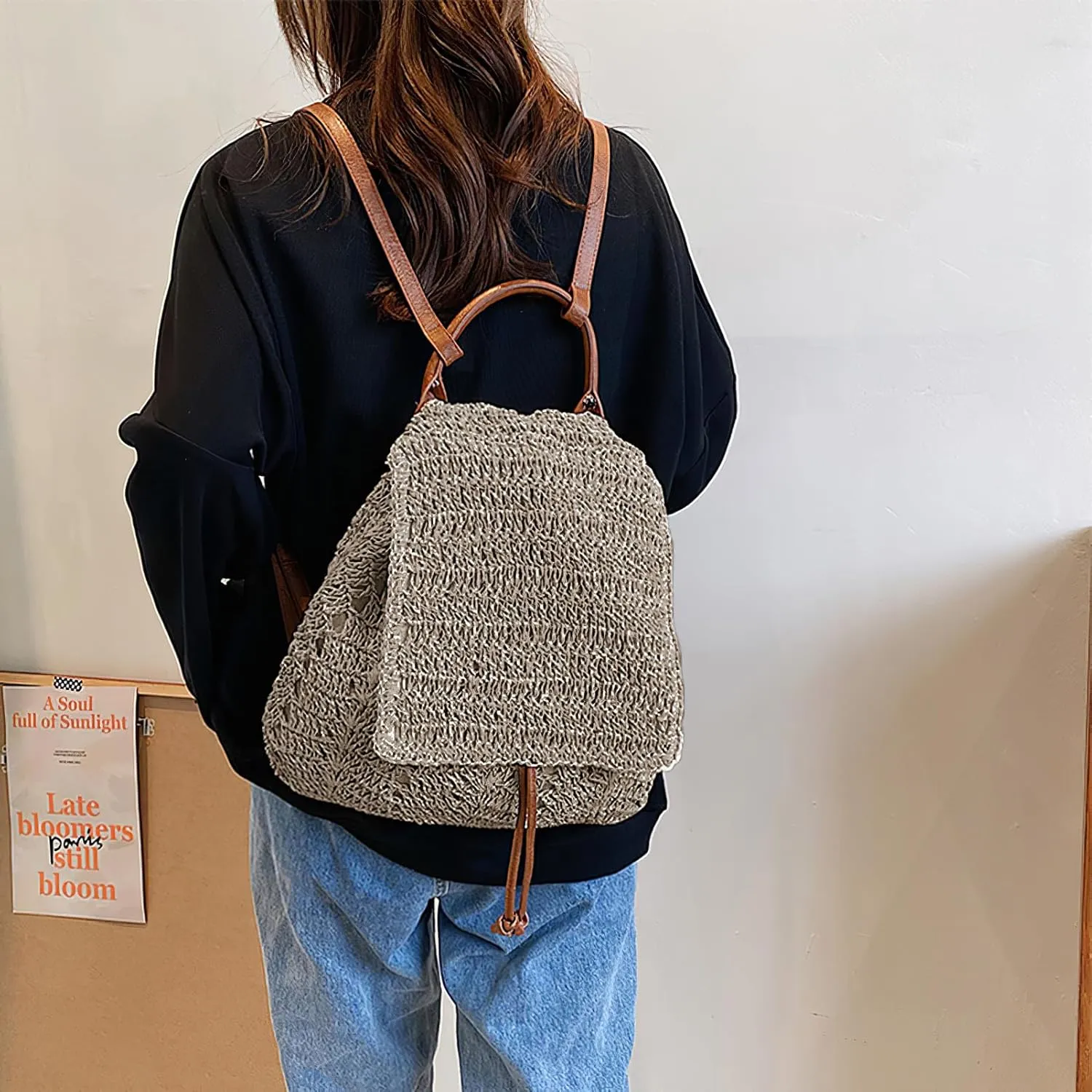 Women Beach Backpacks Purse Small Woven Straw Handmade Daypack Bohemian Style Shoulder Handbag for Casual Beach Holiday Grey
