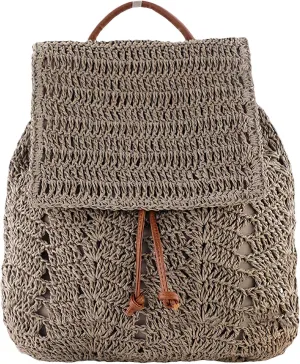 Women Beach Backpacks Purse Small Woven Straw Handmade Daypack Bohemian Style Shoulder Handbag for Casual Beach Holiday Grey