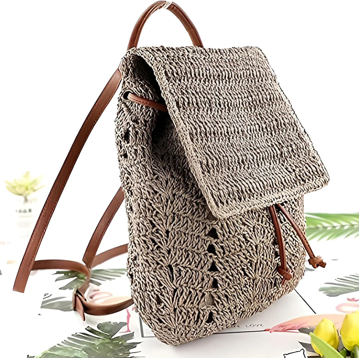 Women Beach Backpacks Purse Small Woven Straw Handmade Daypack Bohemian Style Shoulder Handbag for Casual Beach Holiday Grey