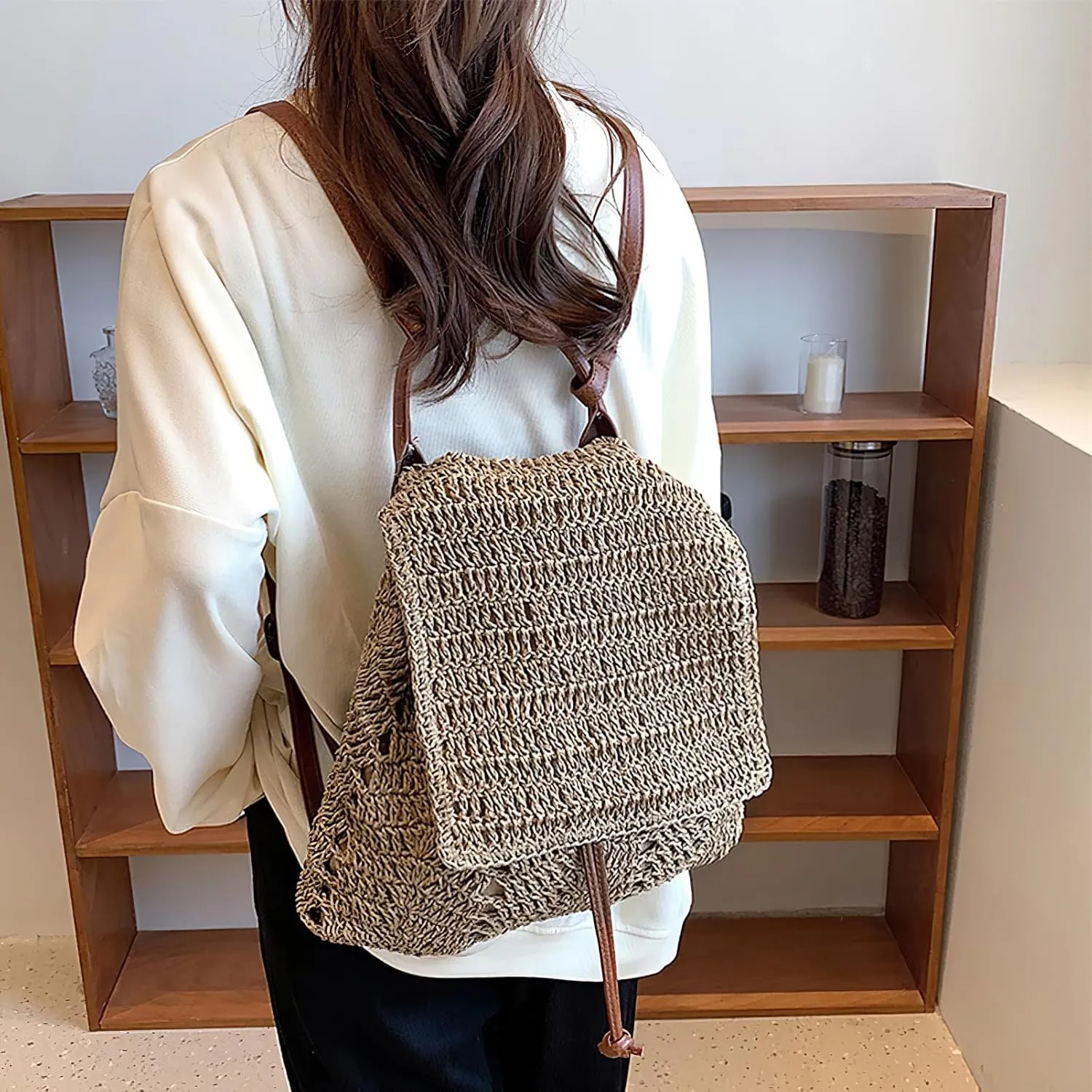 Women Beach Backpacks Purse Small Woven Straw Handmade Daypack Bohemian Style Shoulder Handbag for Casual Beach Holiday Grey