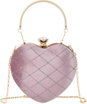 Women Clutch Purse Heart Shaped Handbag Mini Velvet Shoulder Checkered Evening Tote