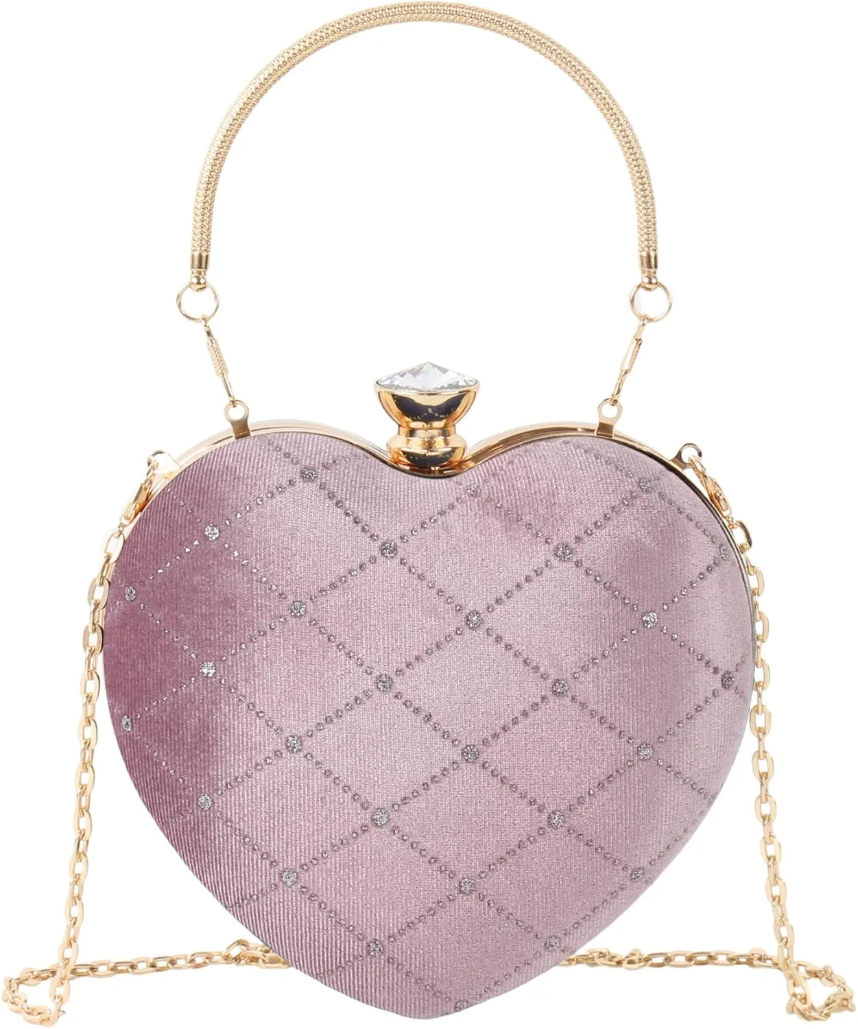 Women Clutch Purse Heart Shaped Handbag Mini Velvet Shoulder Checkered Evening Tote