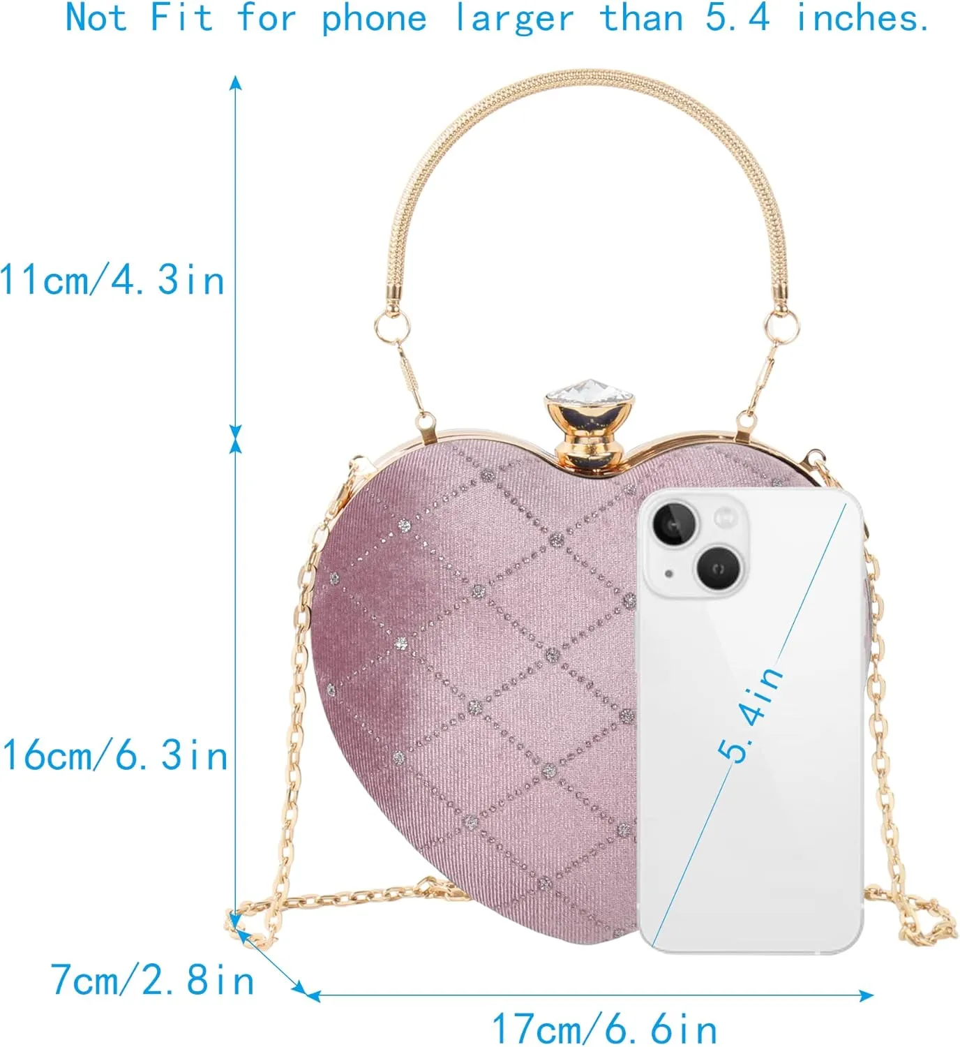 Women Clutch Purse Heart Shaped Handbag Mini Velvet Shoulder Checkered Evening Tote
