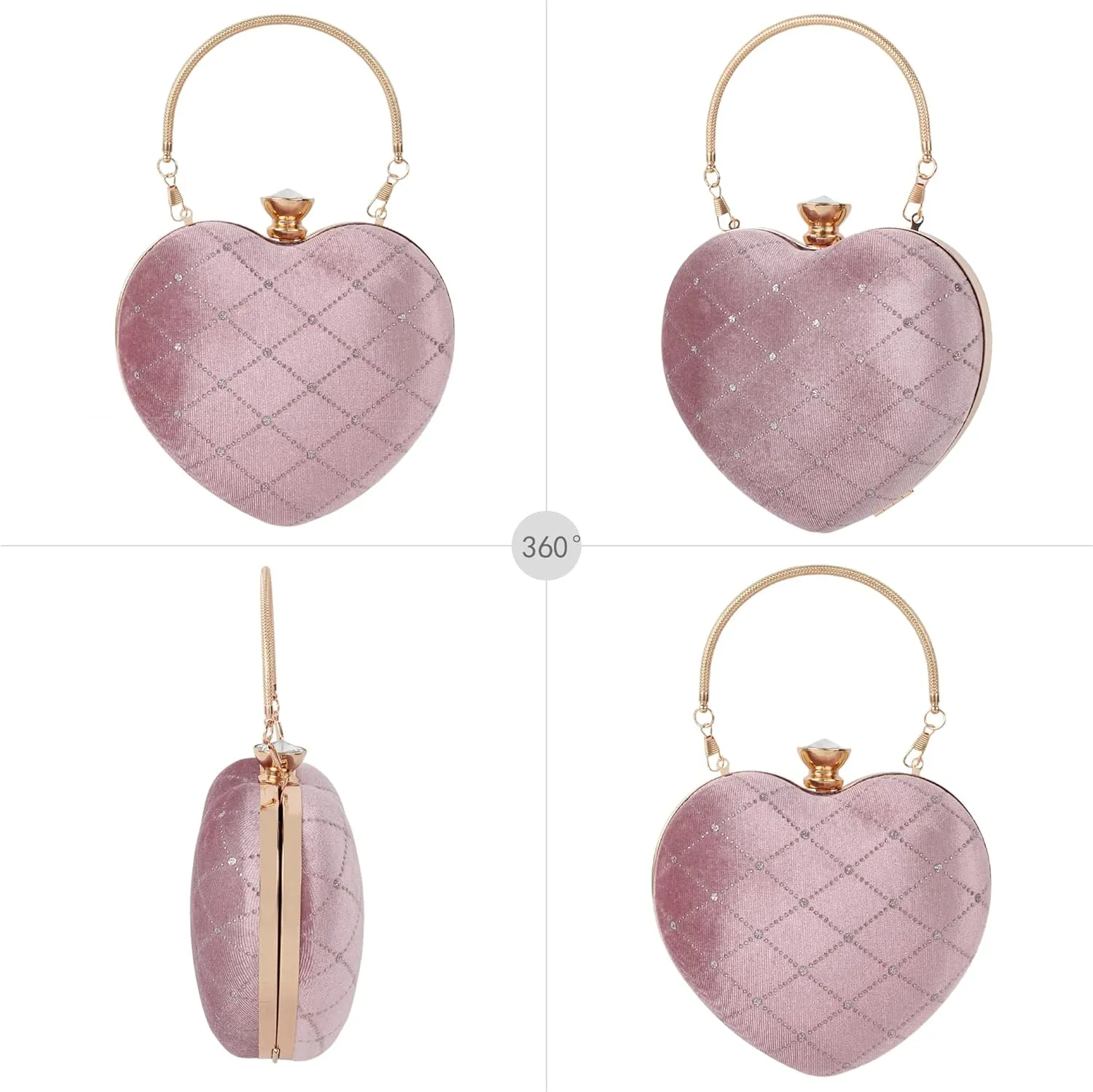 Women Clutch Purse Heart Shaped Handbag Mini Velvet Shoulder Checkered Evening Tote