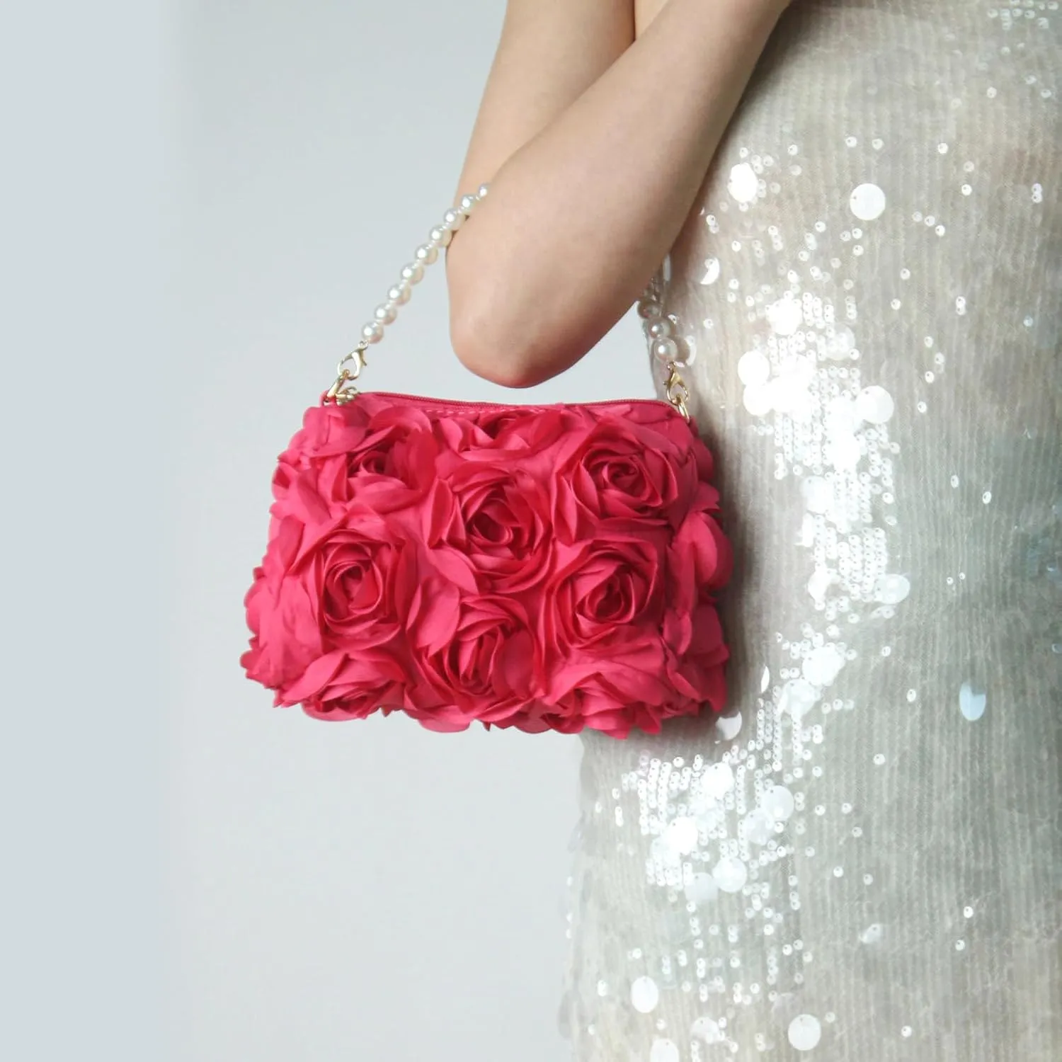 Women Clutches Purse, Chiffon 3D Floral Evening Handbag, Pearl Beaded Top Handle Bag for Wedding, Prom, Party