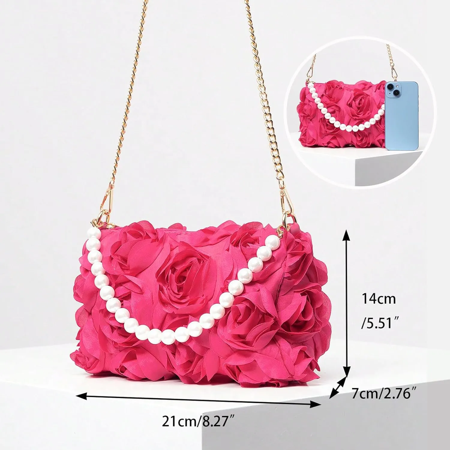 Women Clutches Purse, Chiffon 3D Floral Evening Handbag, Pearl Beaded Top Handle Bag for Wedding, Prom, Party