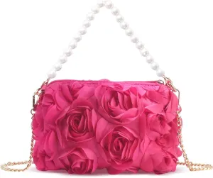 Women Clutches Purse, Chiffon 3D Floral Evening Handbag, Pearl Beaded Top Handle Bag for Wedding, Prom, Party