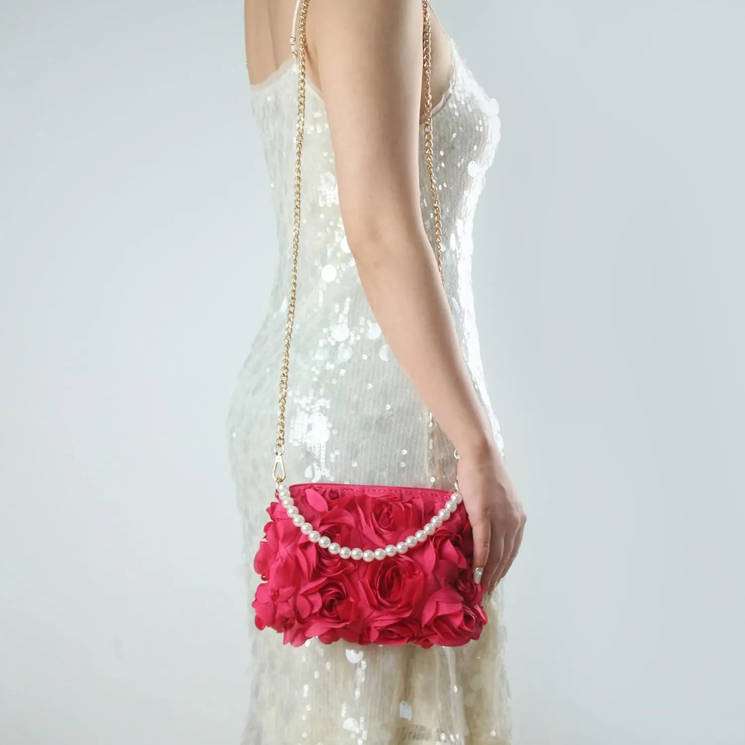 Women Clutches Purse, Chiffon 3D Floral Evening Handbag, Pearl Beaded Top Handle Bag for Wedding, Prom, Party