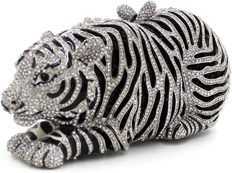 Women Cute Tiger Shaped Evening Clutch Sparkling Rhinestones Handbag Prom Party Purse