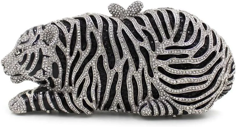 Women Cute Tiger Shaped Evening Clutch Sparkling Rhinestones Handbag Prom Party Purse
