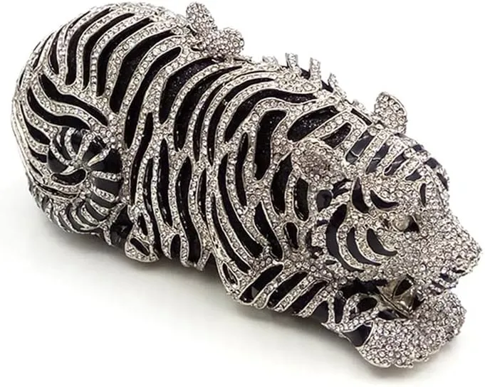 Women Cute Tiger Shaped Evening Clutch Sparkling Rhinestones Handbag Prom Party Purse