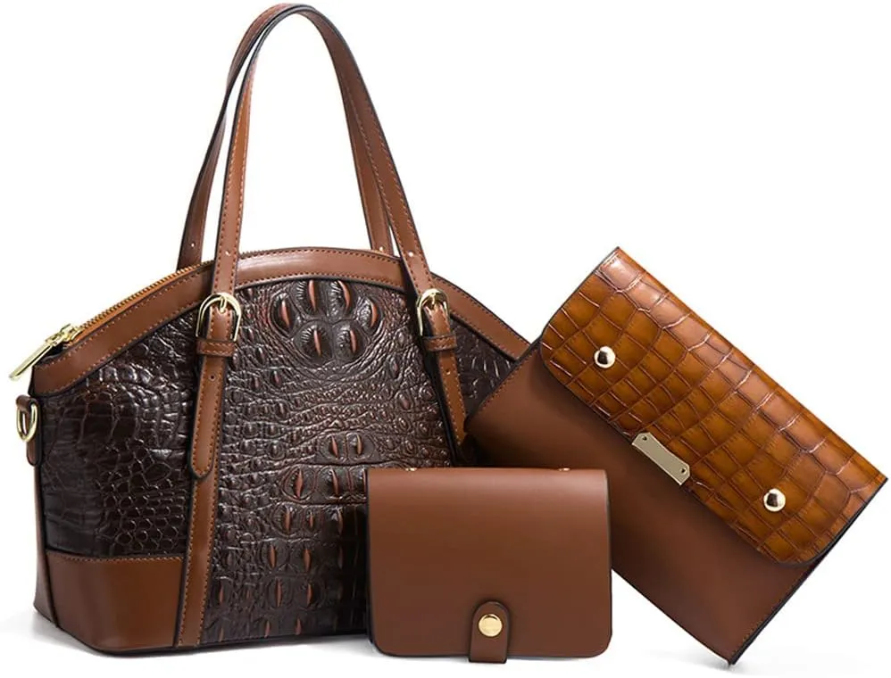 Women Handbags and Purses 3Pcs Set Embossed Crocodile Pattern Leather Tote Bags Wallet Handbag With Detachable Strap