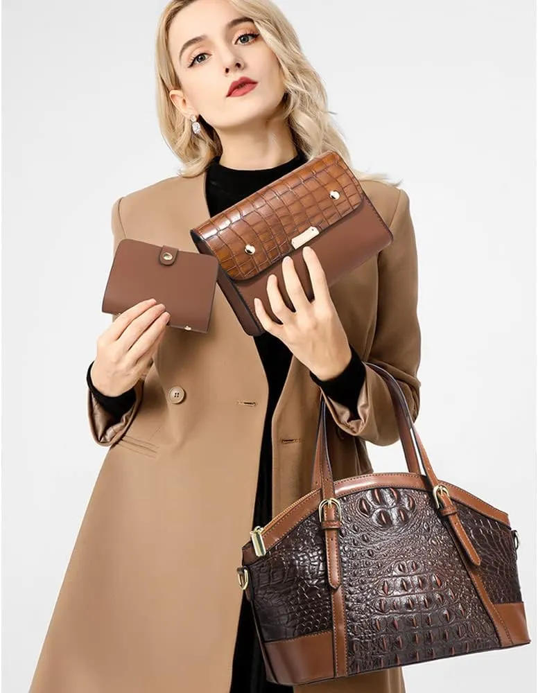 Women Handbags and Purses 3Pcs Set Embossed Crocodile Pattern Leather Tote Bags Wallet Handbag With Detachable Strap