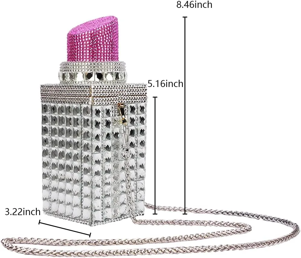 Women Lipstick Shape Inlaid Rhinestone Crystal Glitter Evening Bags Purses Clutch Sparkly Banquet Handbag