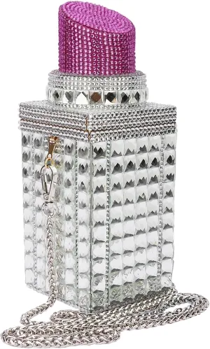 Women Lipstick Shape Inlaid Rhinestone Crystal Glitter Evening Bags Purses Clutch Sparkly Banquet Handbag