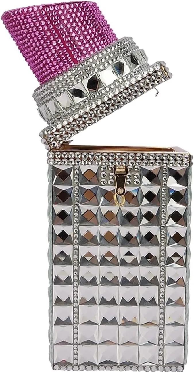 Women Lipstick Shape Inlaid Rhinestone Crystal Glitter Evening Bags Purses Clutch Sparkly Banquet Handbag