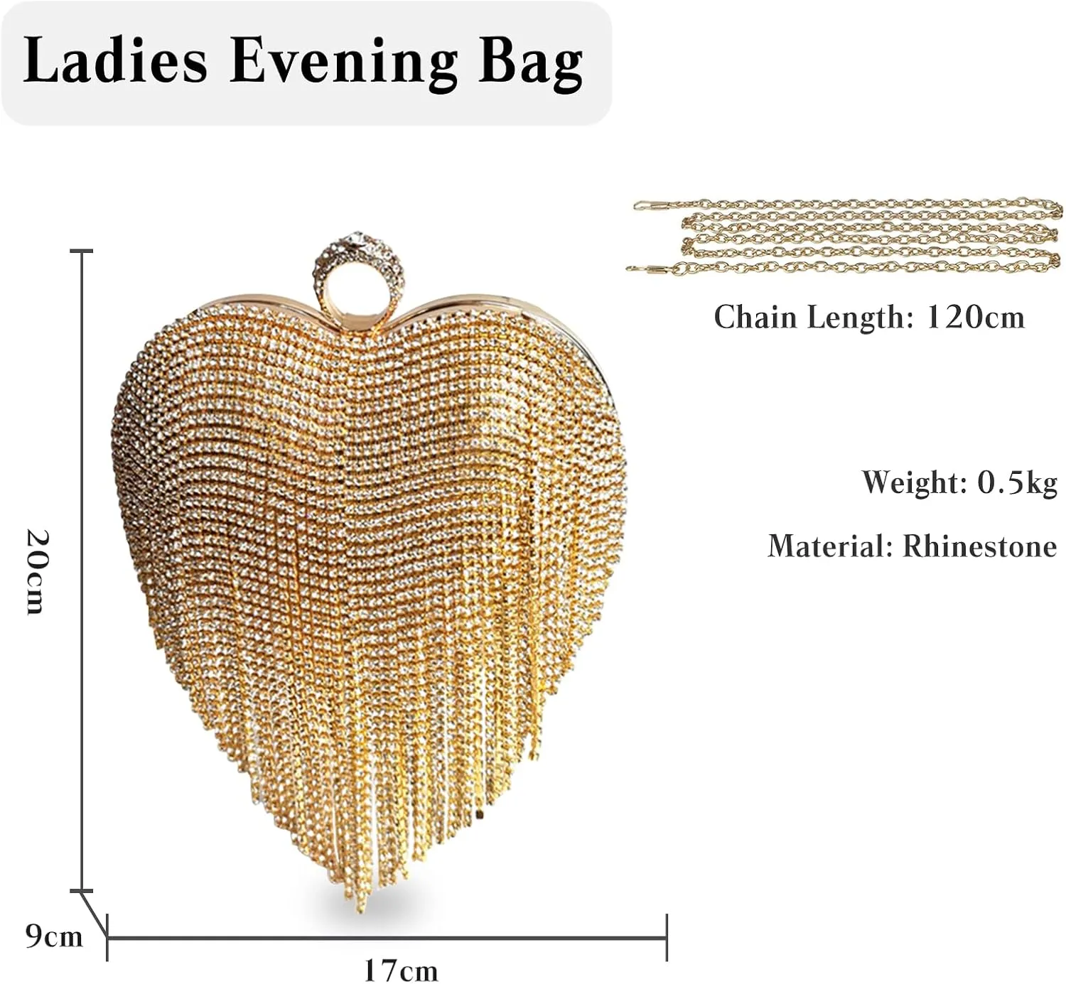 Women Luxury Heart Shape Tassel Evening Clutch Bag Rhinestone Handbag Bridal Wedding Purse