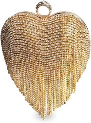Women Luxury Heart Shape Tassel Evening Clutch Bag Rhinestone Handbag Bridal Wedding Purse