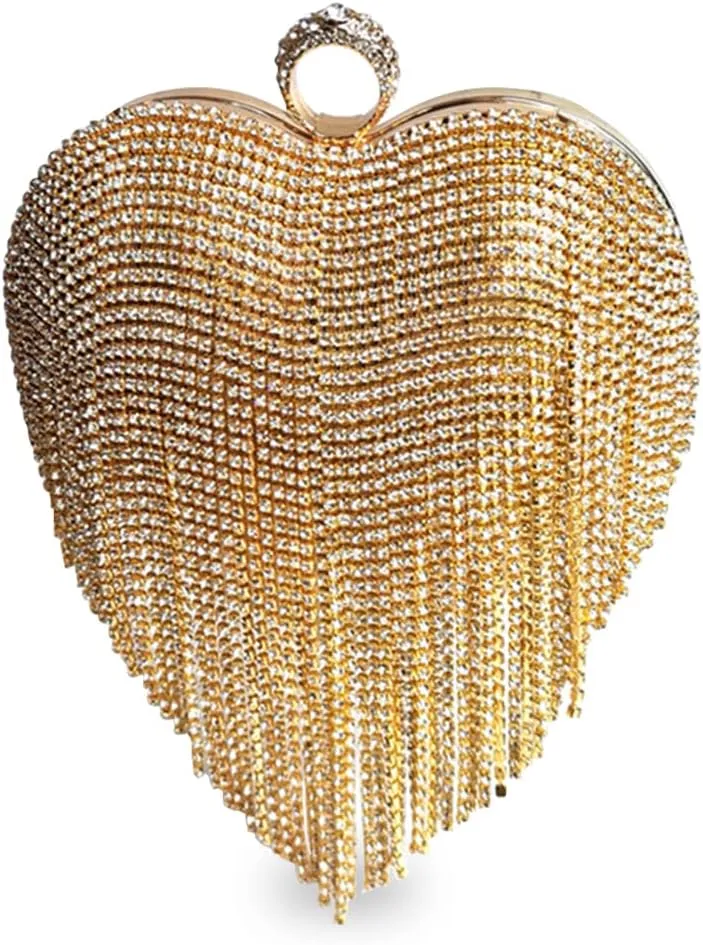 Women Luxury Heart Shape Tassel Evening Clutch Bag Rhinestone Handbag Bridal Wedding Purse