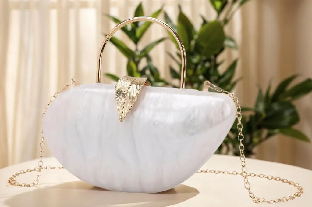 Women Marble Acrylic Evening Bag with Handle Chic Leaf Closure Removable Chain Clutch Purse for Prom Cocktail Wedding