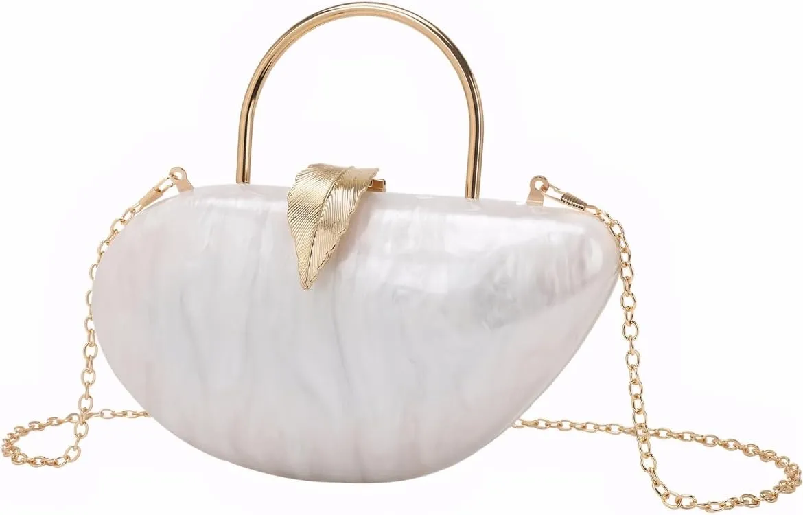 Women Marble Acrylic Evening Bag with Handle Chic Leaf Closure Removable Chain Clutch Purse for Prom Cocktail Wedding