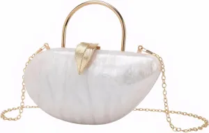 Women Marble Acrylic Evening Bag with Handle Chic Leaf Closure Removable Chain Clutch Purse for Prom Cocktail Wedding